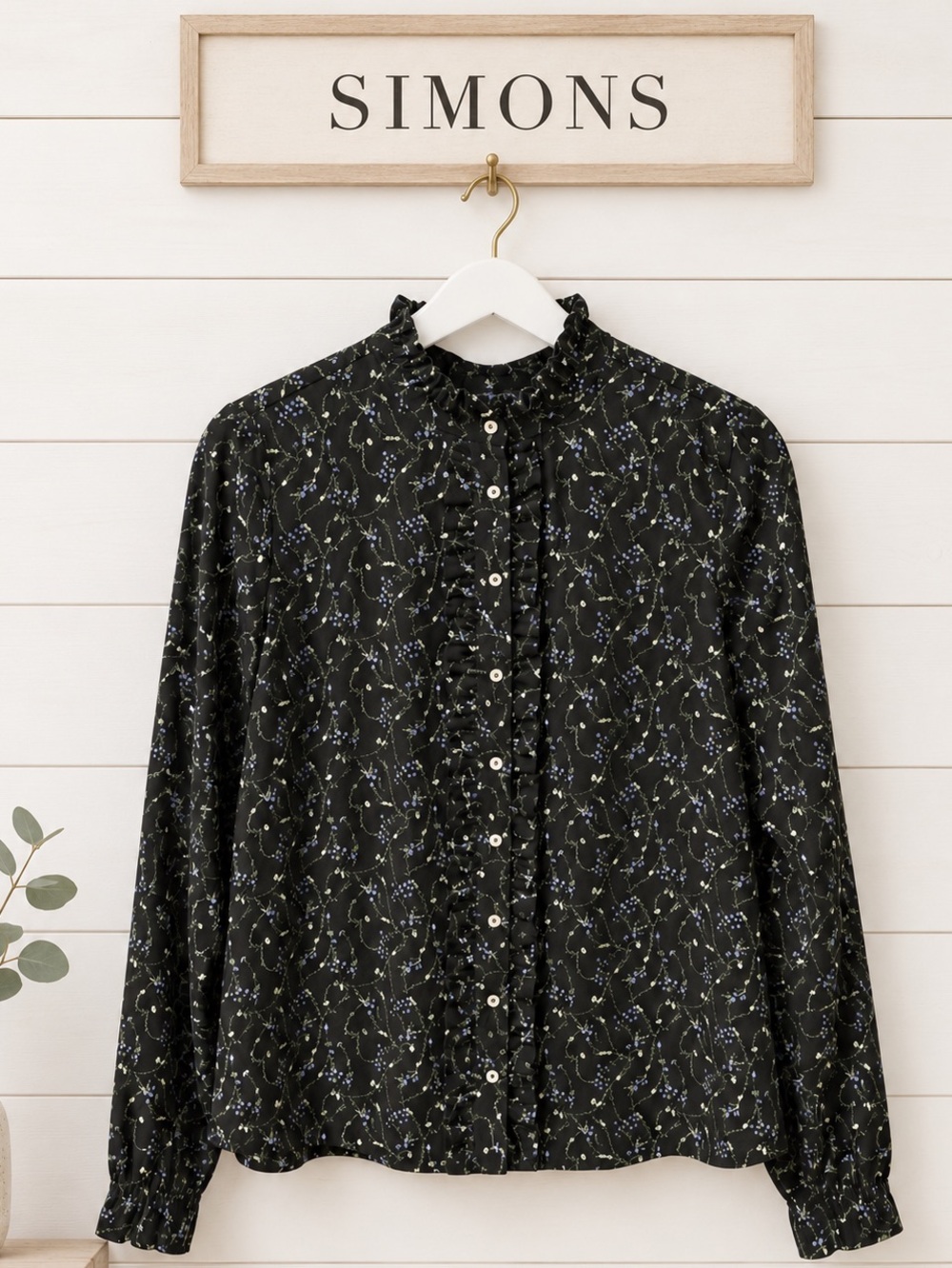 TWIK Black Floral Ruffle Blouse S